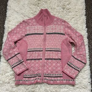Icelandic Pink Fair Isle Full-Zip Knit Turtleneck Size Large